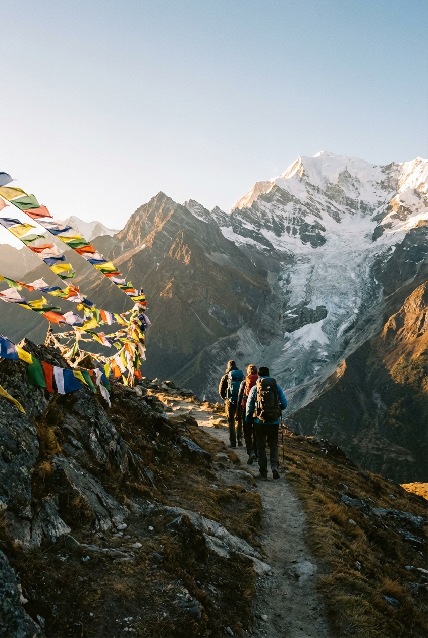 Panorama naturale senza testo della valle di Langtang in Nepal: sentiero di trekking con un piccolo gruppo di escursionisti di spalle, bandierine di preghiera colorate su un crinale, ghiacciaio e vette himalayane sullo sfondo, luce del mattino, atmosfera limpida