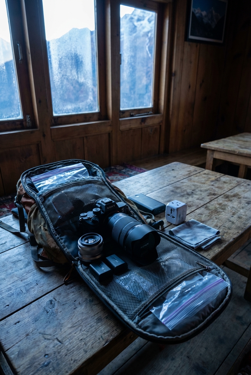 Zaino e attrezzatura fotografica su tavolo in un lodge durante un trekking in Himalaya