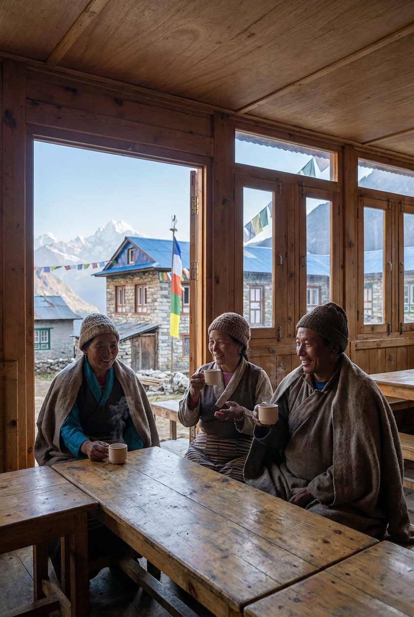 Interno di un lodge in un villaggio Sherpa nel Khumbu, con persone sedute a un tavolo e montagne sullo sfondo