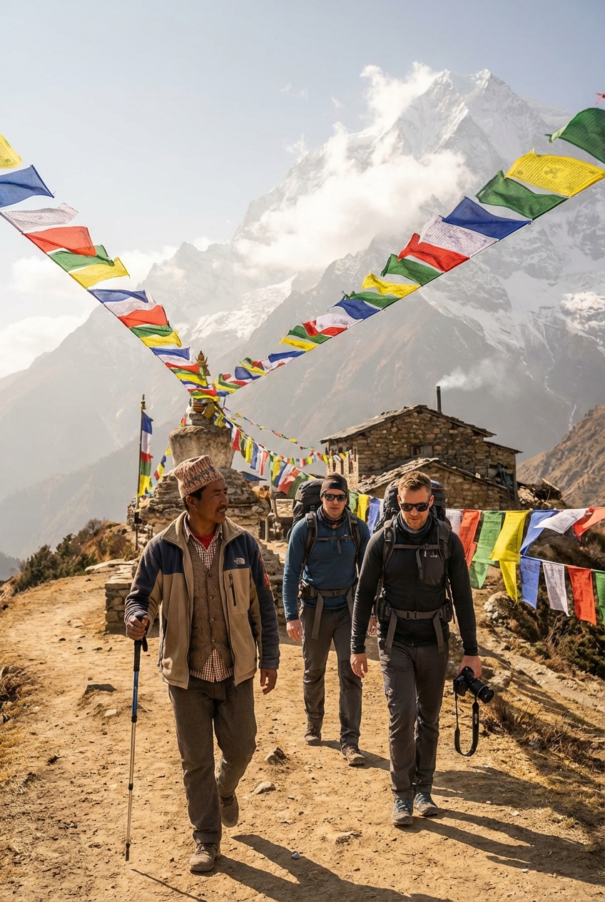 Trekker lungo un sentiero himalayano con bandiere di preghiera e lodge sullo sfondo