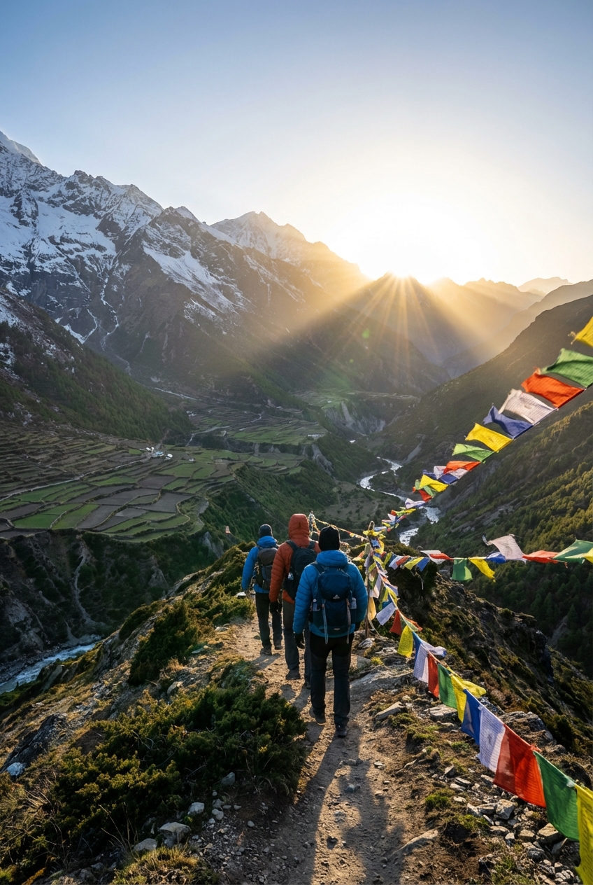 Trekking in Himalaya all'alba lungo un sentiero di montagna