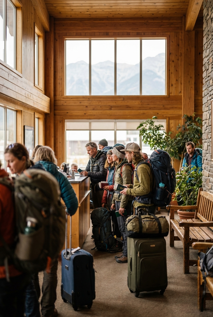 Arrivi aeroporto Kathmandu, viaggiatori con zaini e banco visti sullo sfondo