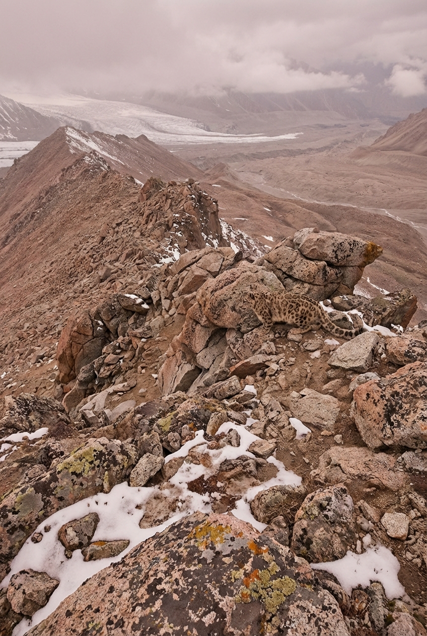 Leopardo delle nevi tra le rocce himalayane