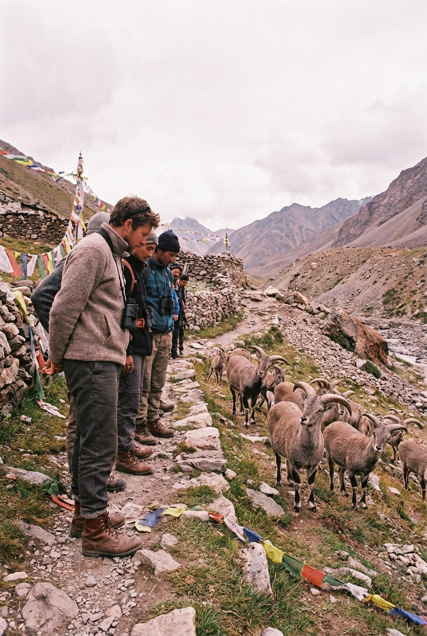 Trekker in Nepal osservano un branco di bharal (pecora blu) lungo un sentiero di montagna