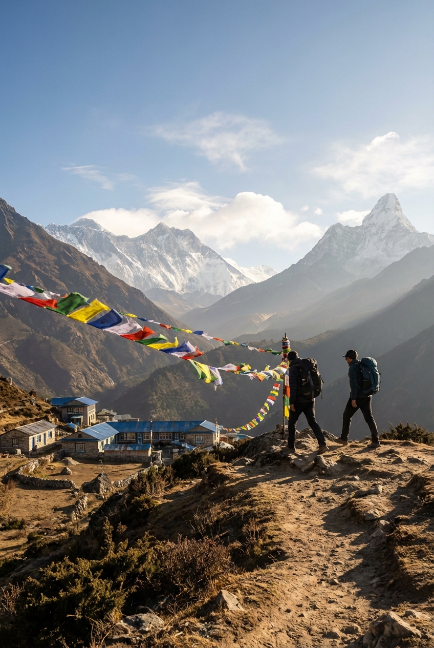 Escursionisti lungo un sentiero himalayano al mattino