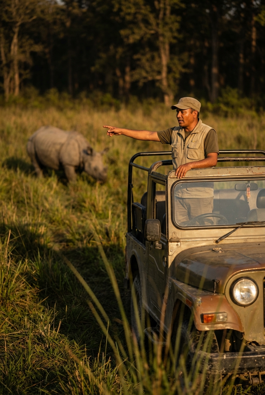 Jeep safari con rinoceronte nel Terai