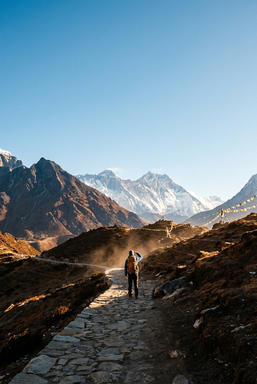 Trekker con vista limpida sull’Everest