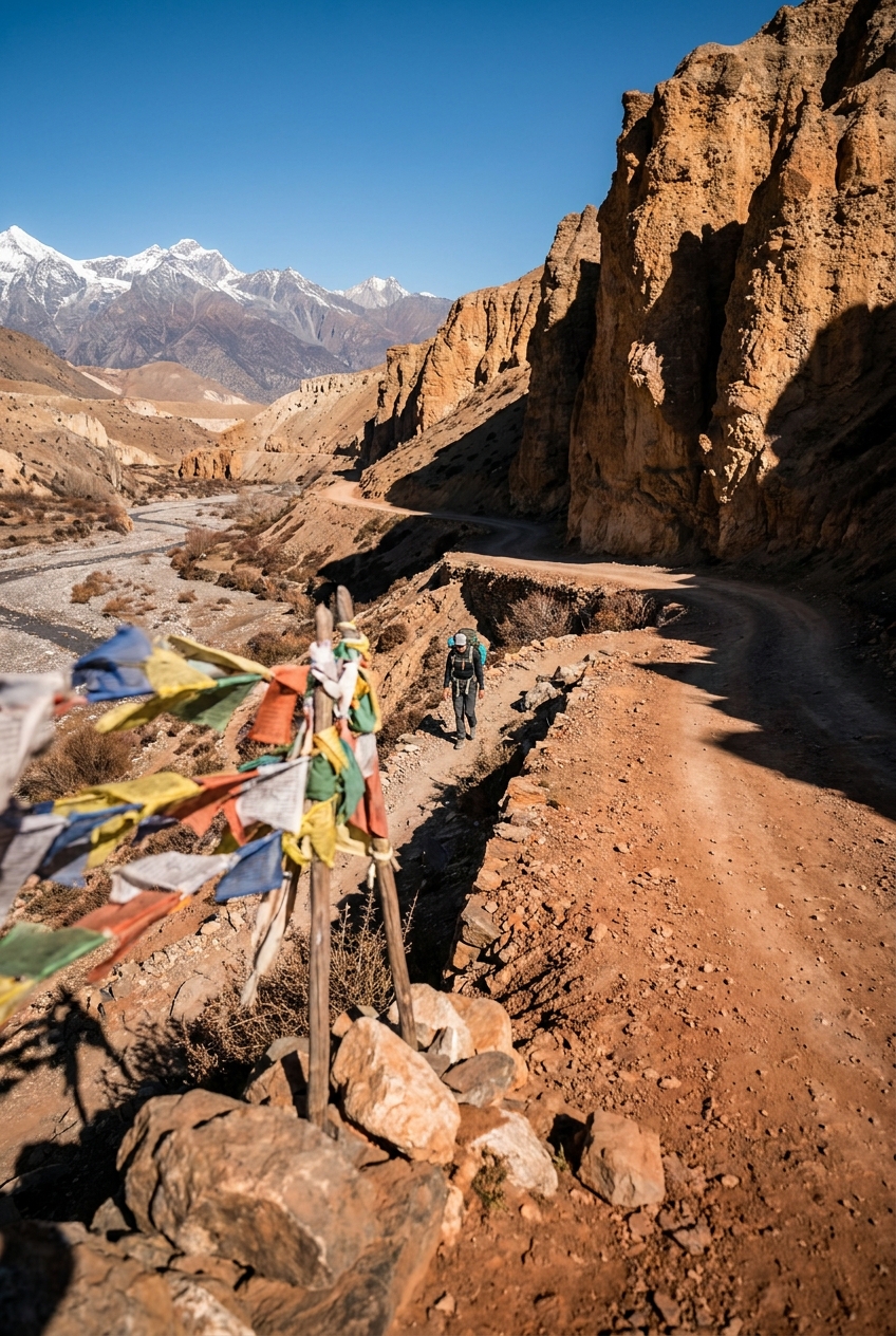 Sentiero e strada nel Mustang himalayano