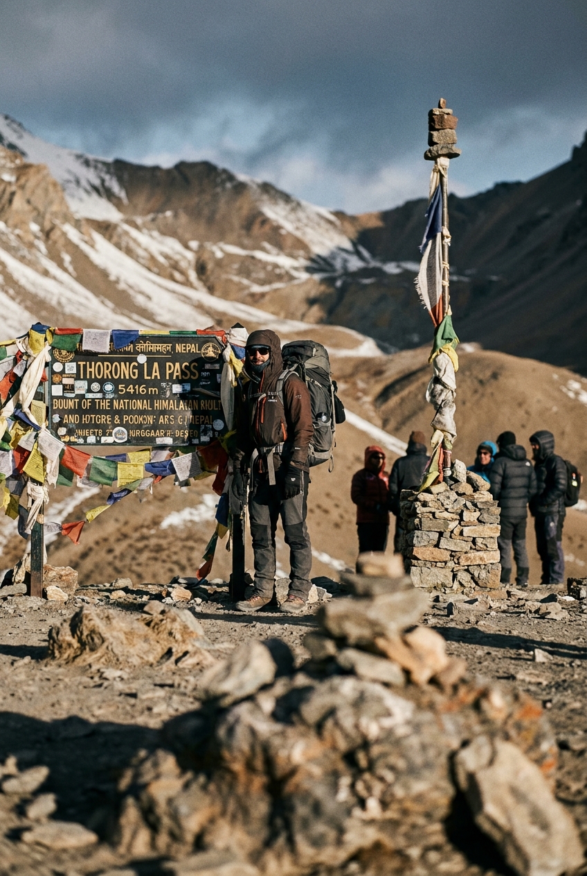 Trekker al passo Thorong La nell'Annapurna
